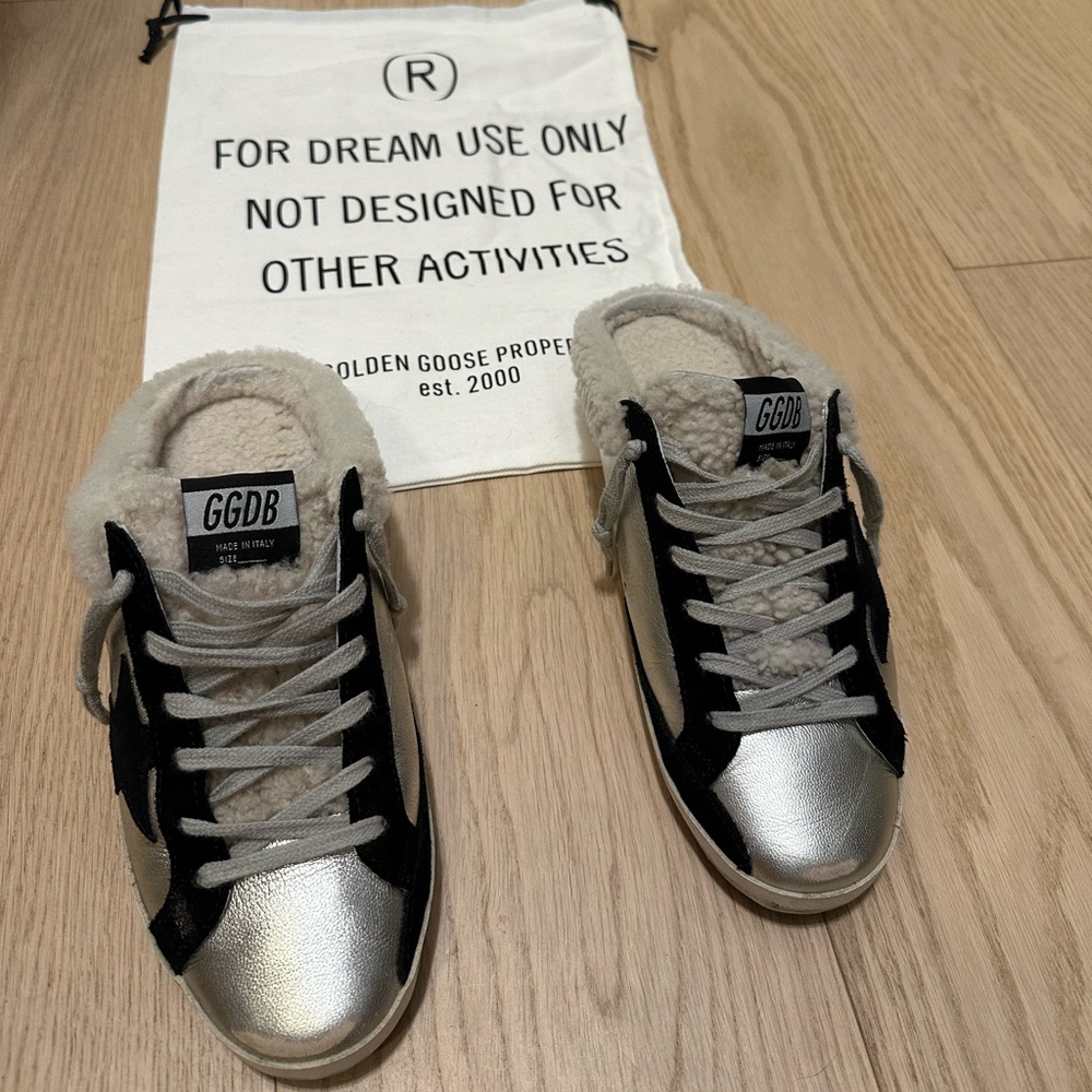 Authentic Golden Goose woman Super-Star Sabot.  Black/ silver.  Size 37.